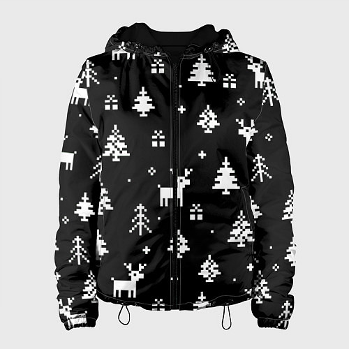 Женская куртка ЕЛКИ И ОЛЕНИ НА ЧЕРНОМ ФОНЕ / 3D-Черный – фото 1
