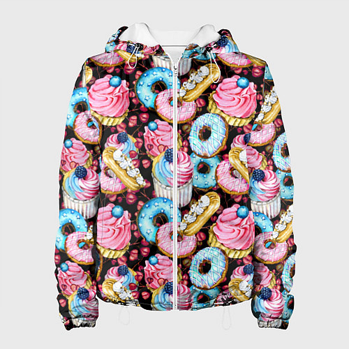 Женская куртка Узор из сладостей на черном фоне / 3D-Белый – фото 1