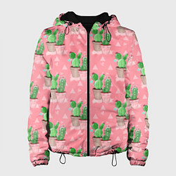 Куртка с капюшоном женская Кактусы в горшках паттерн, цвет: 3D-черный