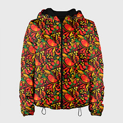 Женская куртка Желтые и красные цветы, птицы и ягоды хохлома