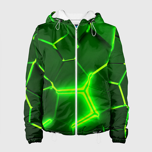 Женская куртка 3D ПЛИТЫ НЕОН NEON GREEN HEXAGON РАЗЛОМ / 3D-Белый – фото 1