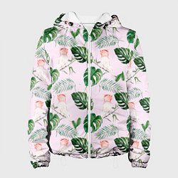 Куртка с капюшоном женская Листья и белые птички, цвет: 3D-белый