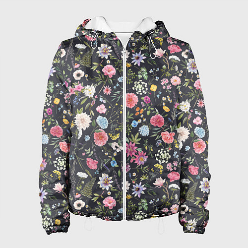 Женская куртка Разные цветы, листья, травы на темном фоне / 3D-Белый – фото 1