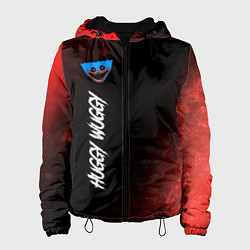 Куртка с капюшоном женская Надпись и лицо Huggy Wuggy на темном фоне с огнем, цвет: 3D-черный