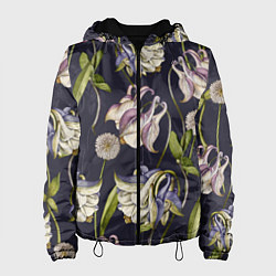 Куртка с капюшоном женская Цветы Аквилегии, цвет: 3D-черный