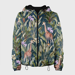Куртка с капюшоном женская Цветы Безвременники и Жирафы, цвет: 3D-черный