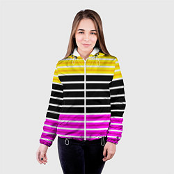 Куртка с капюшоном женская Желтые розовые и черные полосы на белом, цвет: 3D-белый — фото 2