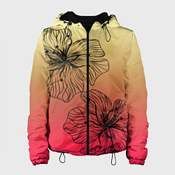 Женская куртка Черные абстрактные цветы на красно-желтом градиент