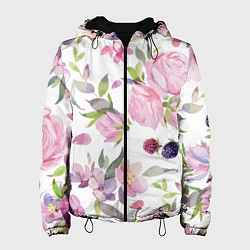 Куртка с капюшоном женская Летний красочный паттерн из цветков розы и ягод еж, цвет: 3D-черный