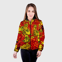 Куртка с капюшоном женская Хохломская Роспись Две Птици На Красном Фоне, цвет: 3D-черный — фото 2