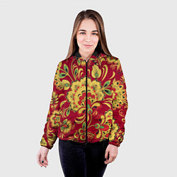 Куртка с капюшоном женская Хохломская Роспись Цветы На красном Фоне, цвет: 3D-черный — фото 2