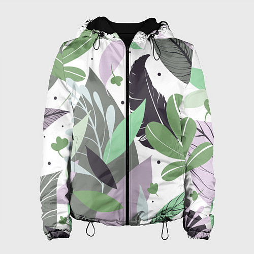 Женская куртка Зелёные, серые, голубые, сиреневые листья на белом / 3D-Черный – фото 1