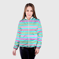 Куртка с капюшоном женская Pink turquoise stripes horizontal Полосатый узор, цвет: 3D-белый — фото 2