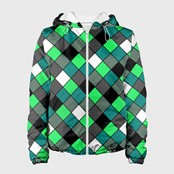 Куртка с капюшоном женская Геометрический узор в зеленых и черный тонах, цвет: 3D-белый