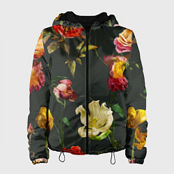 Куртка с капюшоном женская Цветы Нарисованные Красные Розы и Лилии На Коричне, цвет: 3D-черный
