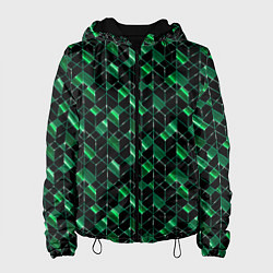 Куртка с капюшоном женская Геометрический узор, зеленые фигуры на черном, цвет: 3D-черный