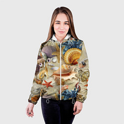 Куртка с капюшоном женская Морские раковины, кораллы, морские звёзды на песке, цвет: 3D-белый — фото 2