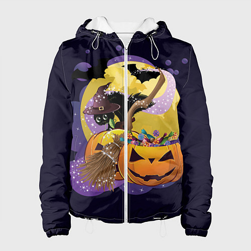 Женская куртка Чёрный котёнок и тыквы / 3D-Белый – фото 1