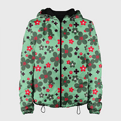 Куртка с капюшоном женская Красно-зеленый цветочный узор ретро, цвет: 3D-черный