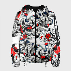 Куртка с капюшоном женская Красные цветы и птицы, цвет: 3D-черный