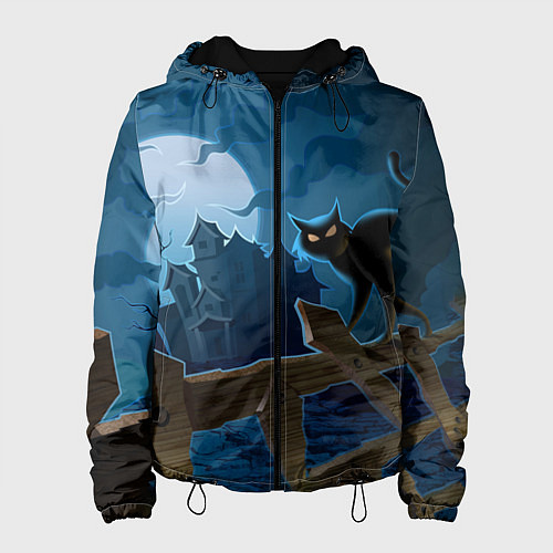 Женская куртка Хэллоуин - чёрный кот на заборе / 3D-Черный – фото 1