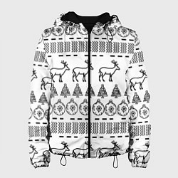 Куртка с капюшоном женская Черно-белый узор с оленями, цвет: 3D-черный