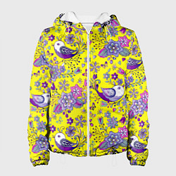 Куртка с капюшоном женская Птички и цветы на желтом, цвет: 3D-белый