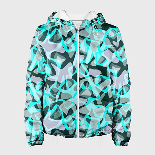 Женская куртка Пятнистый абстрактный узор серый с бирюзовыми лини / 3D-Белый – фото 1