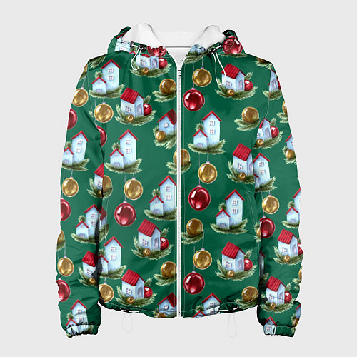 Женская куртка Новогодние домики на зеленом - паттерн / 3D-Белый – фото 1