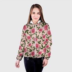 Куртка с капюшоном женская Акварельные розы на бежевом - паттерн, цвет: 3D-белый — фото 2