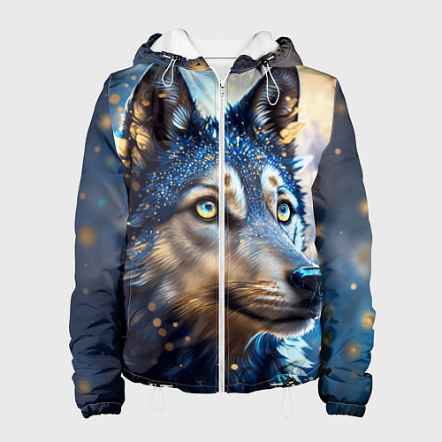 Женская куртка Волк на синем фоне / 3D-Белый – фото 1