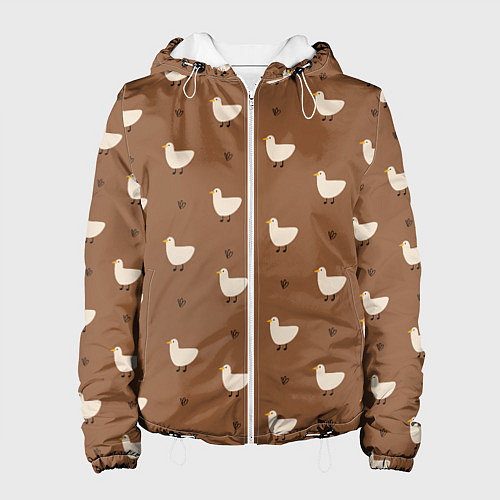 Женская куртка Гуси и травка - паттерн коричневый / 3D-Белый – фото 1