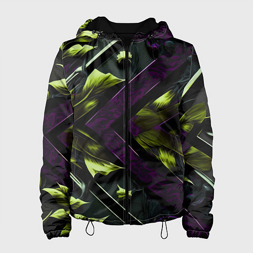 Женская куртка Зеленые листья и фиолетовые вставки / 3D-Черный – фото 1