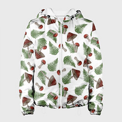 Куртка с капюшоном женская Мухоморы и папоротник на белом - паттерн, цвет: 3D-белый