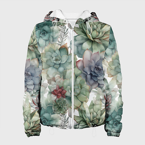 Женская куртка Акварельные суккуленты - паттерн / 3D-Белый – фото 1