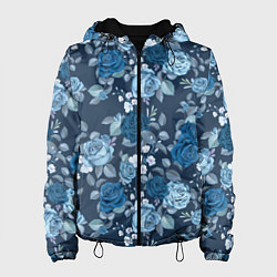 Куртка с капюшоном женская Голубые розы паттерн, цвет: 3D-черный