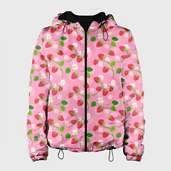 Куртка с капюшоном женская Паттерн земляника и цветы, цвет: 3D-черный