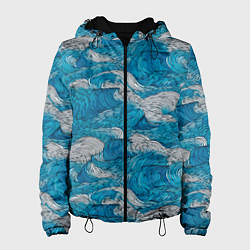 Куртка с капюшоном женская Голубые и белые волны, цвет: 3D-черный