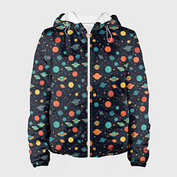 Куртка с капюшоном женская Темный космос с планетами паттерн, цвет: 3D-белый