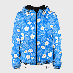 Куртка с капюшоном женская Белые птицы голуби и цветы яблони на синем фоне не, цвет: 3D-черный