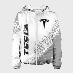 Куртка с капюшоном женская Tesla speed на светлом фоне со следами шин: надпис, цвет: 3D-белый
