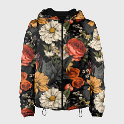 Куртка с капюшоном женская Цветочный паттерн на черном, цвет: 3D-черный