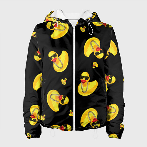 Женская куртка Жёлтая уточка в в темных очках и цепочке на черном / 3D-Белый – фото 1