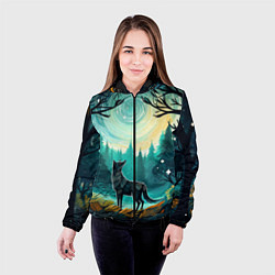 Куртка с капюшоном женская Волк в ночном лесу фолк-арт, цвет: 3D-черный — фото 2