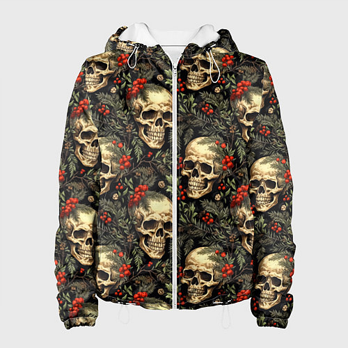 Женская куртка Череп рябина шишки и хвойные ветки / 3D-Белый – фото 1