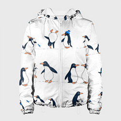 Куртка с капюшоном женская Семейство пингвинов на прогулке, цвет: 3D-белый