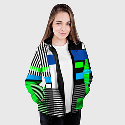 Куртка с капюшоном женская Геометрический узор сине -зеленый в стиле пэчворк, цвет: 3D-черный — фото 2