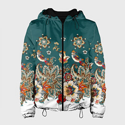 Куртка с капюшоном женская Индийский орнамент с птицами, цвет: 3D-черный