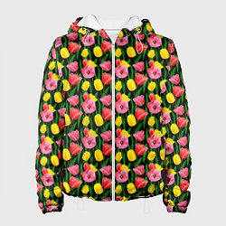 Куртка с капюшоном женская Разноцветные тюльпаны, цвет: 3D-белый