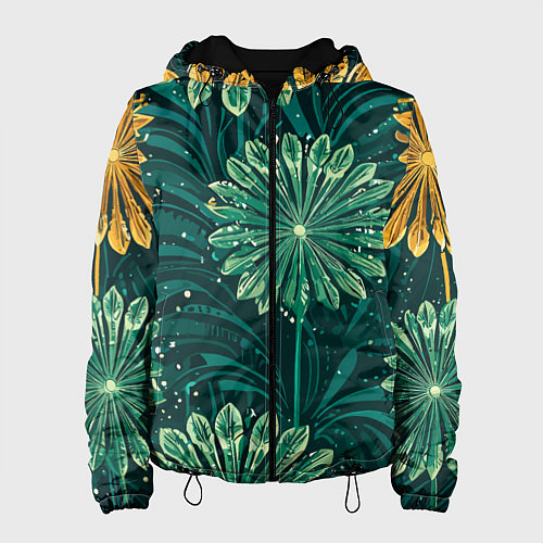 Женская куртка Одуванчики зеленая с желтым акцентом абстракция / 3D-Черный – фото 1